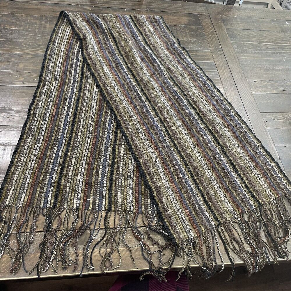 Filatess Earth Tone Striped Fringe Scarf 68x15" Made in Italy Mohair Wool Blend